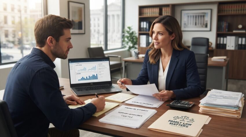 Parent consulting a family law attorney about child support and legal documents