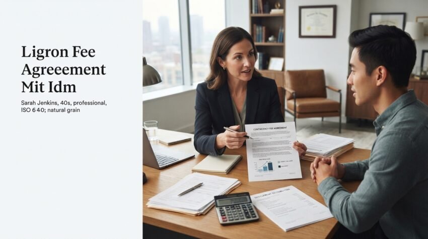 Attorney explaining a contingency fee agreement to a client during a legal consultation