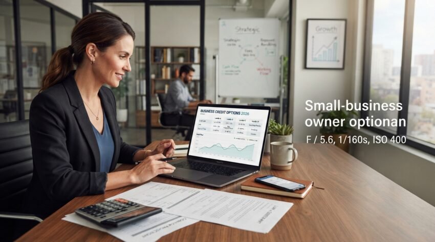 Small business owner comparing business line of credit options on a laptop with financial documents and calculator