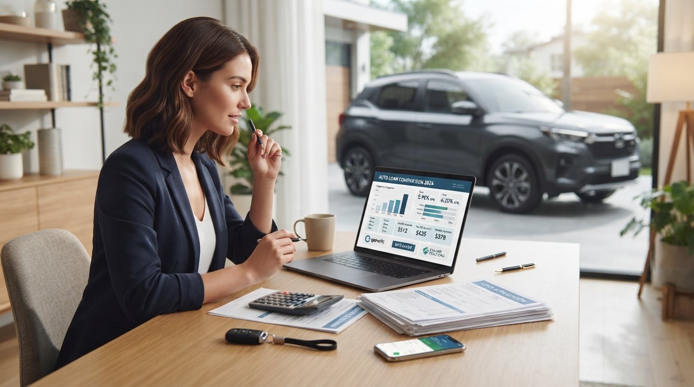 Auto loan rate comparison with car financing documents, calculator, car keys, and laptop