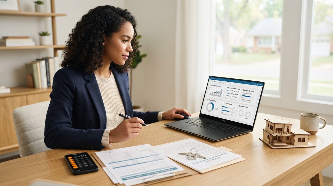 First-time homebuyer comparing mortgage and home loan options with financial documents and house keys