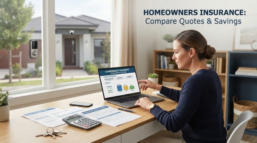 Homeowner comparing home insurance premiums and savings options on a laptop