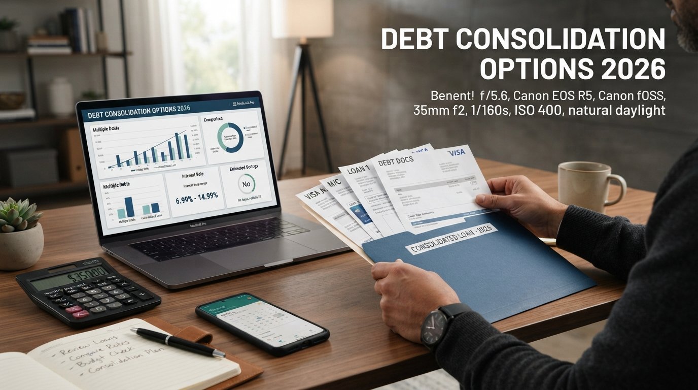 : Debt consolidation loan comparison with credit card statements, loan documents, calculator, and financial planning tools