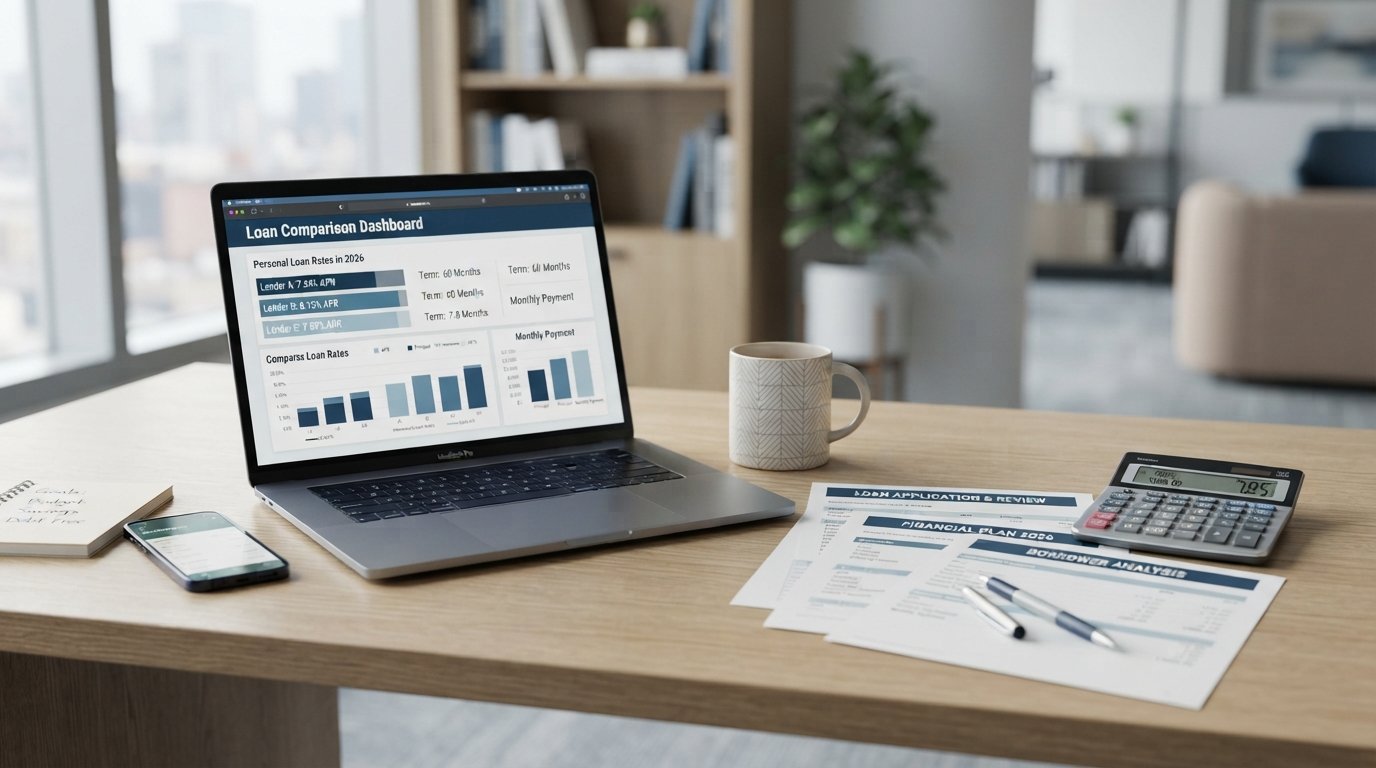 Personal loan rates and APR comparison displayed on a laptop with financial documents and calculator