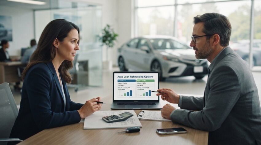 Car owner comparing auto loan refinancing options with a financial advisor