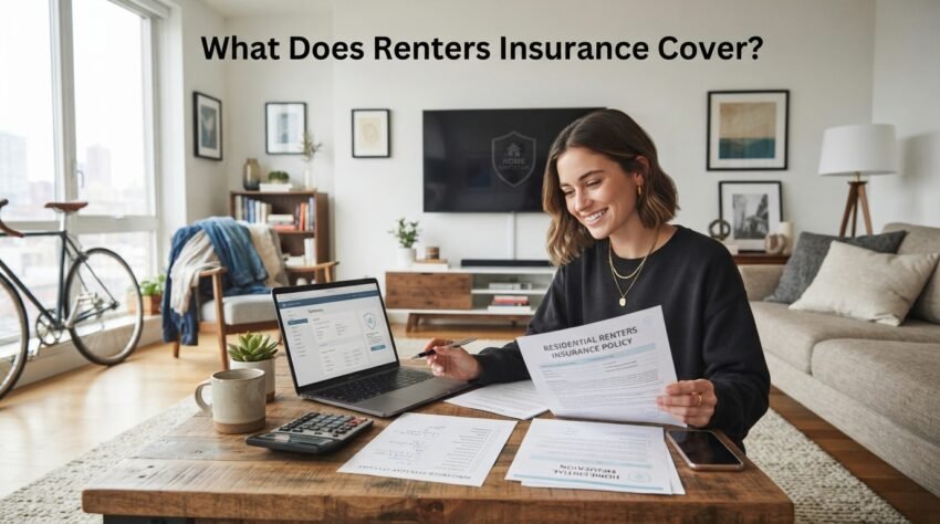 Renter reviewing an insurance policy and personal property coverage in a modern apartment